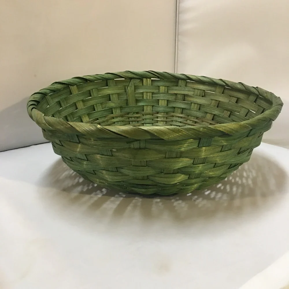 Woven Bamboo Basket Home Decor OS Green Round Decorative Bowl Bohemian